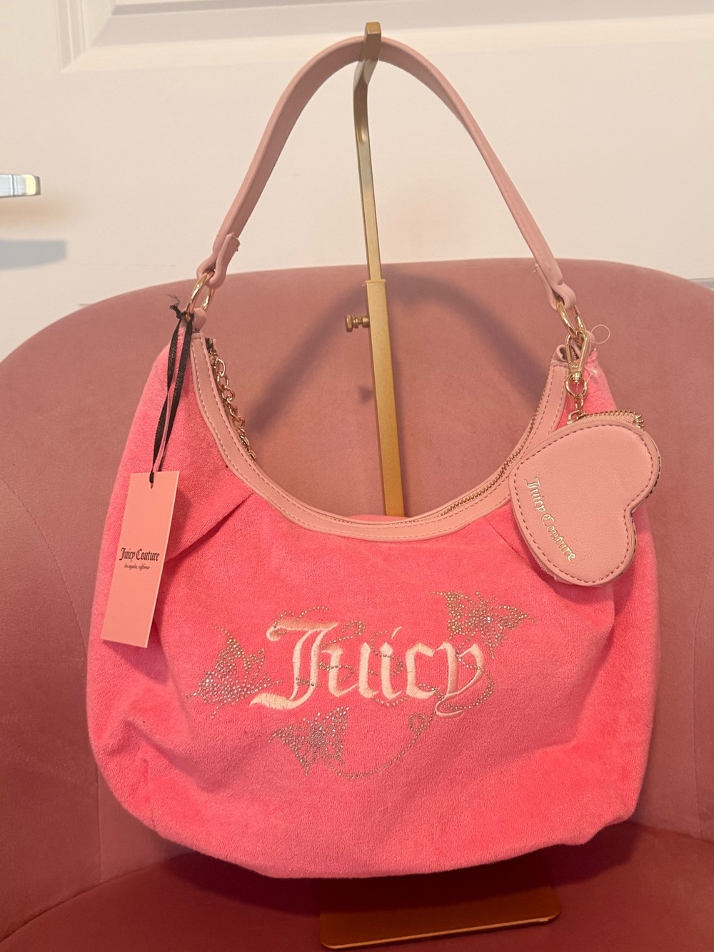Juicy Couture Pink Velour Logo Shoulder Bag with Heart Charm Tag